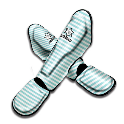 White And Cyan Striped Pattern Print Muay Thai Shin Guard