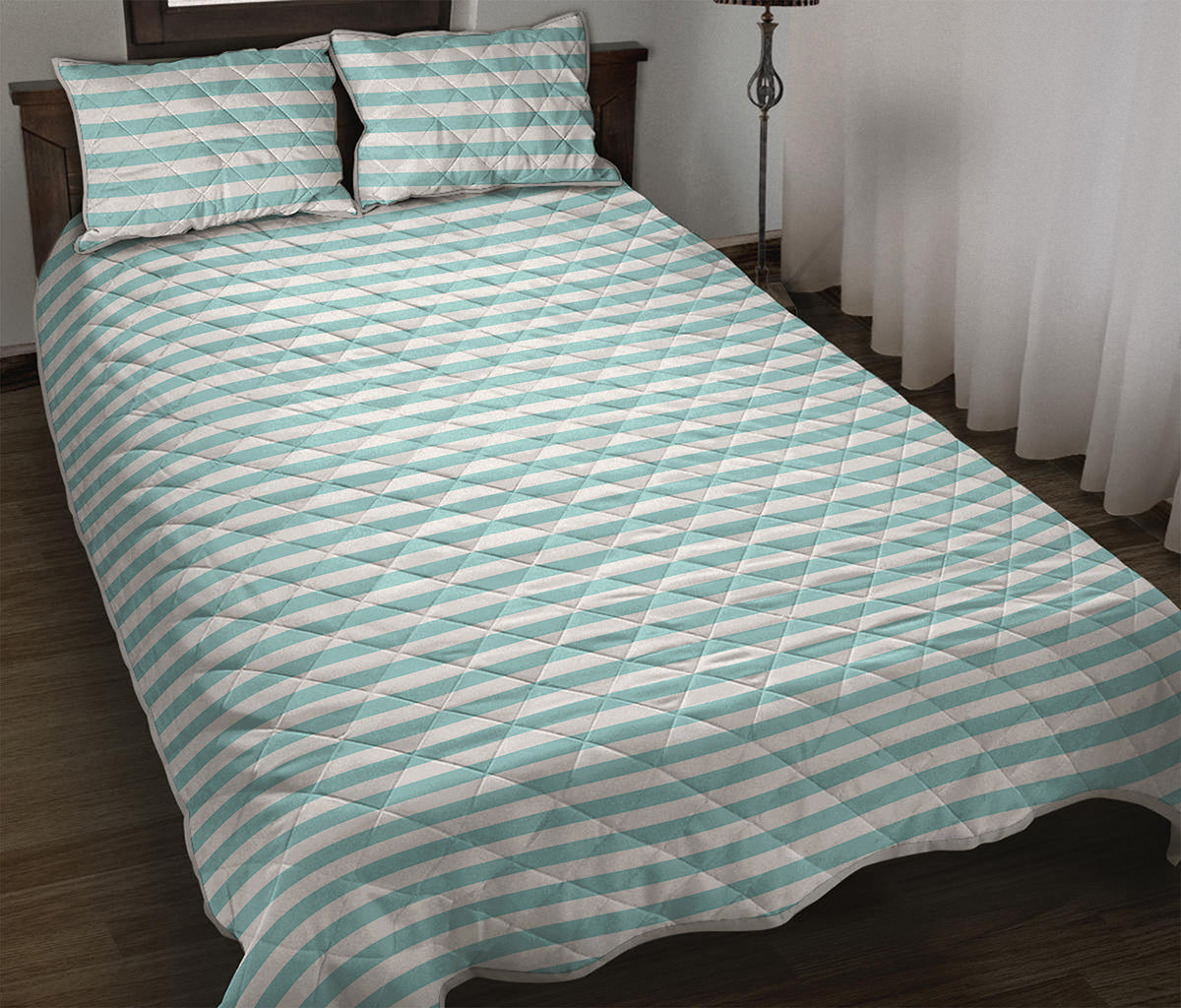 White And Cyan Striped Pattern Print Quilt Bed Set