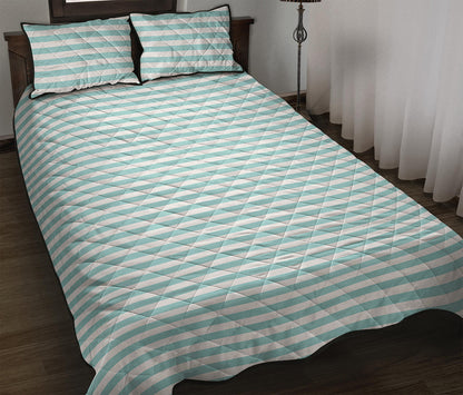 White And Cyan Striped Pattern Print Quilt Bed Set