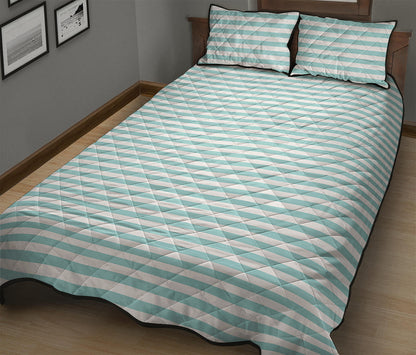 White And Cyan Striped Pattern Print Quilt Bed Set