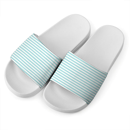 White And Cyan Striped Pattern Print White Slide Sandals