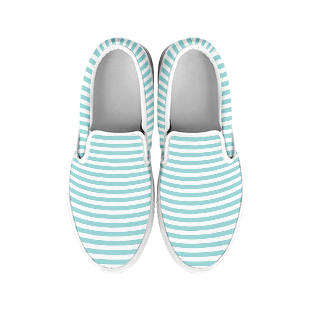 White And Cyan Striped Pattern Print White Slip On Shoes