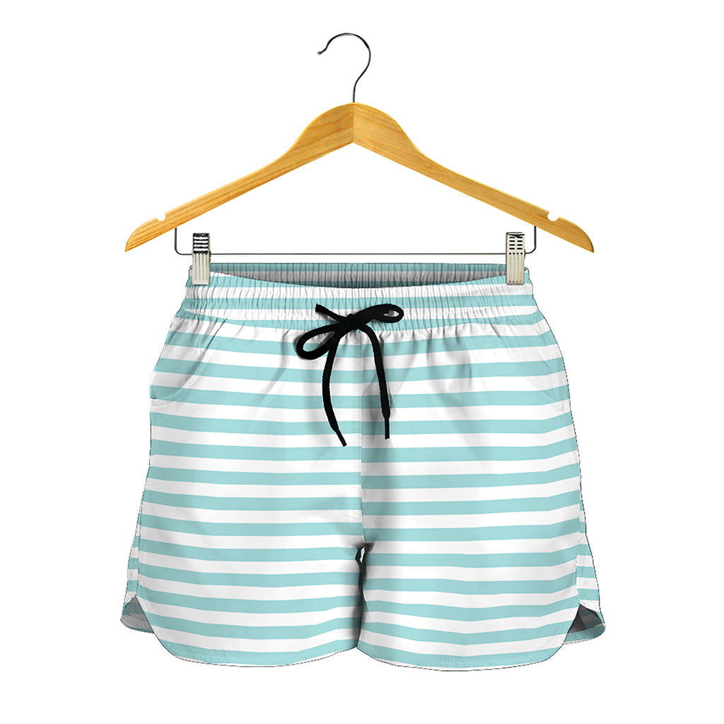 White And Cyan Striped Pattern Print Women's Shorts