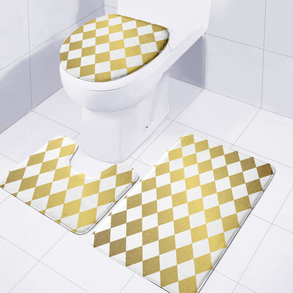 White And Gold Harlequin Pattern Print 3 Piece Bath Mat Set