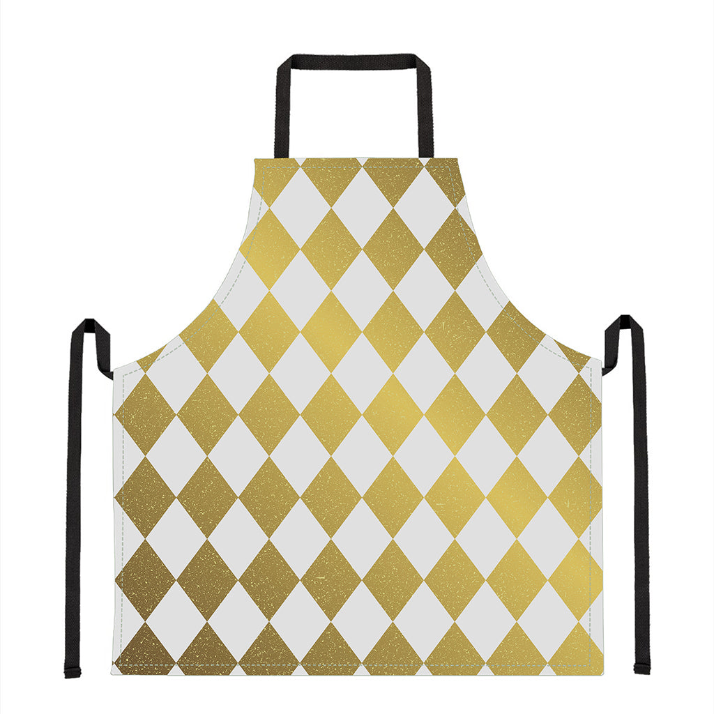 White And Gold Harlequin Pattern Print Apron