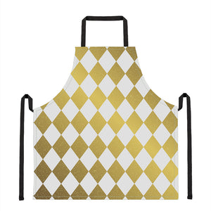 White And Gold Harlequin Pattern Print Apron