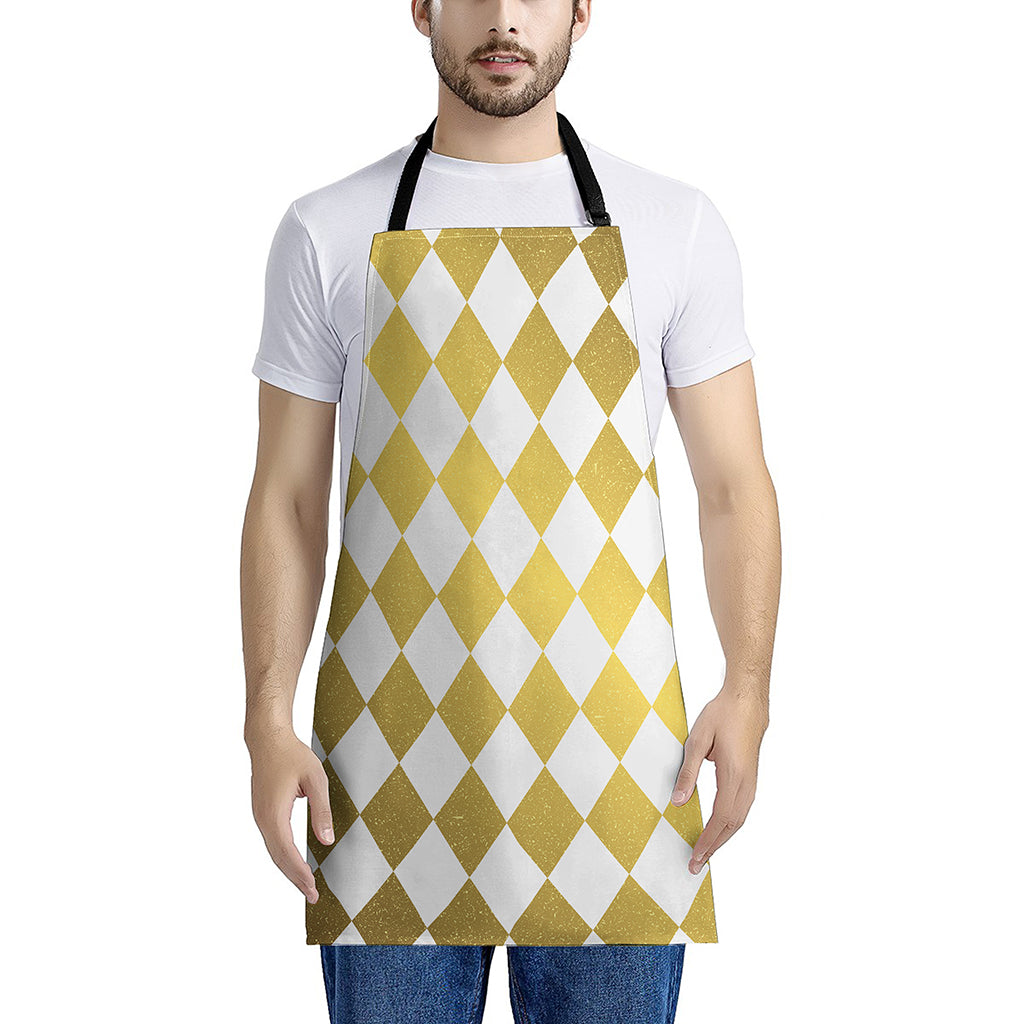 White And Gold Harlequin Pattern Print Apron