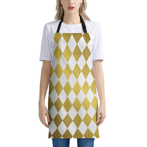 White And Gold Harlequin Pattern Print Apron