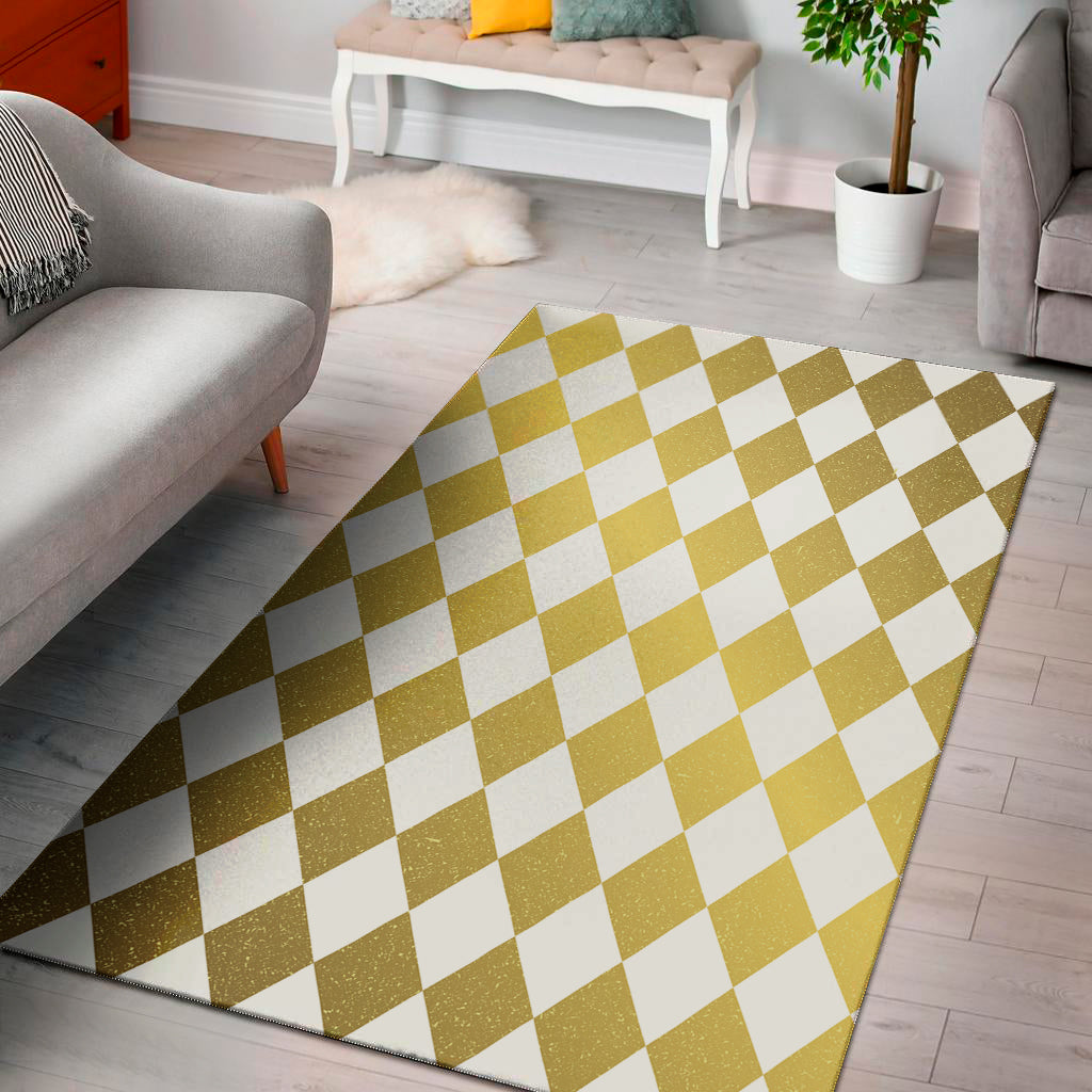 White And Gold Harlequin Pattern Print Area Rug