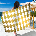 White And Gold Harlequin Pattern Print Beach Sarong Wrap