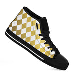 White And Gold Harlequin Pattern Print Black High Top Shoes