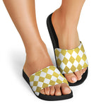 White And Gold Harlequin Pattern Print Black Slide Sandals