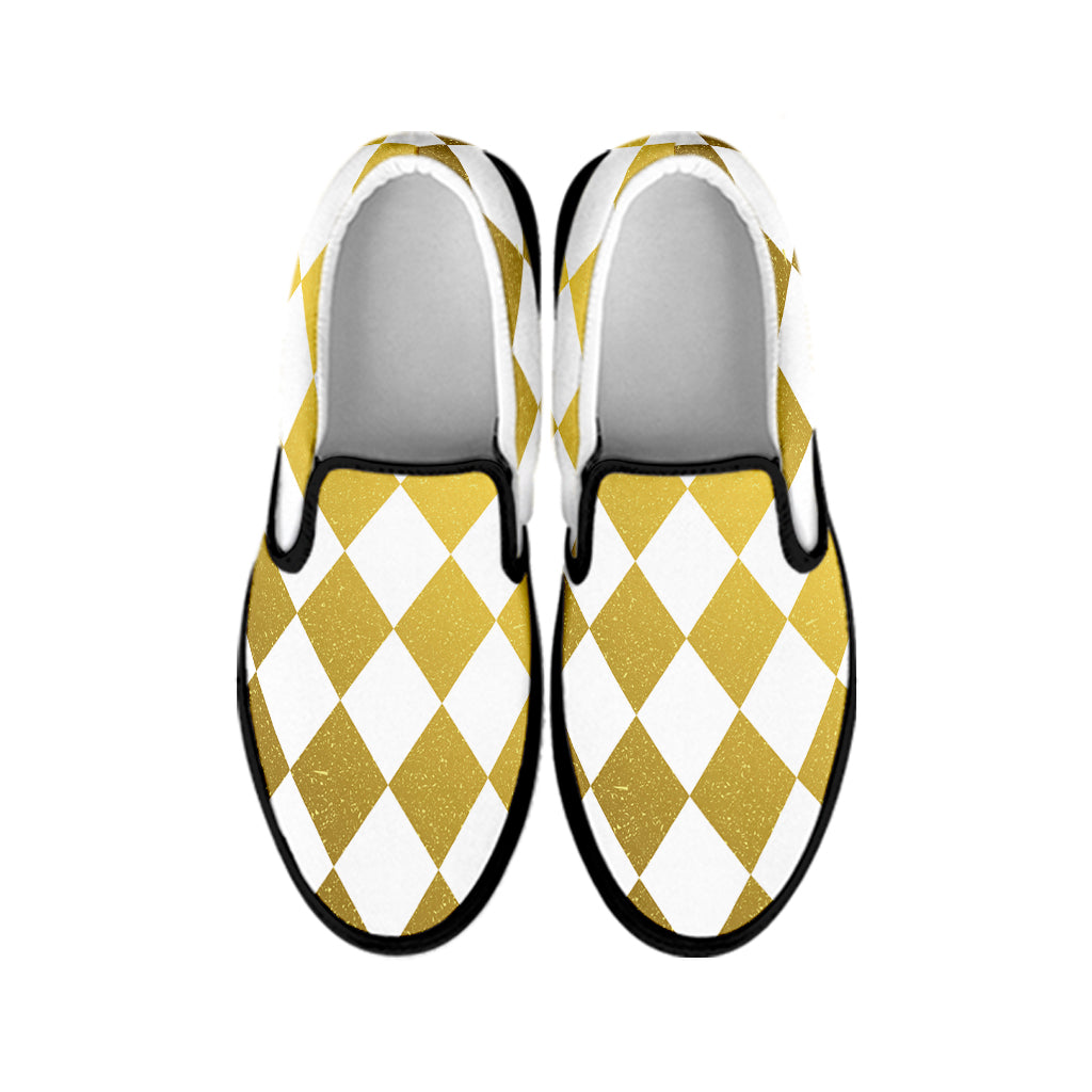 White And Gold Harlequin Pattern Print Black Slip On Shoes