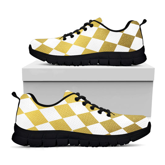 White And Gold Harlequin Pattern Print Black Sneakers