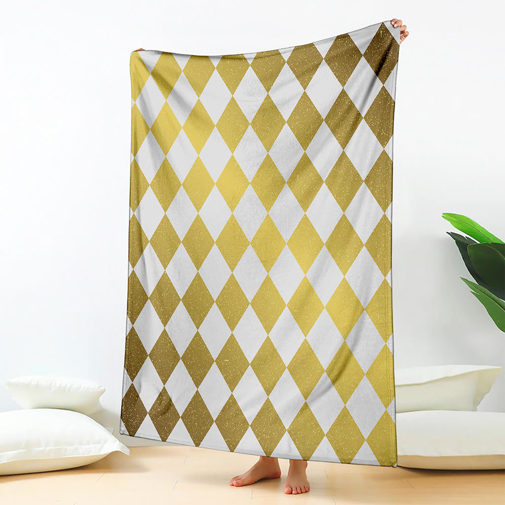 White And Gold Harlequin Pattern Print Blanket