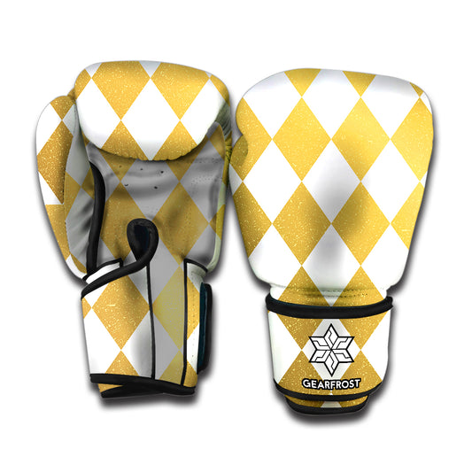 White And Gold Harlequin Pattern Print Boxing Gloves