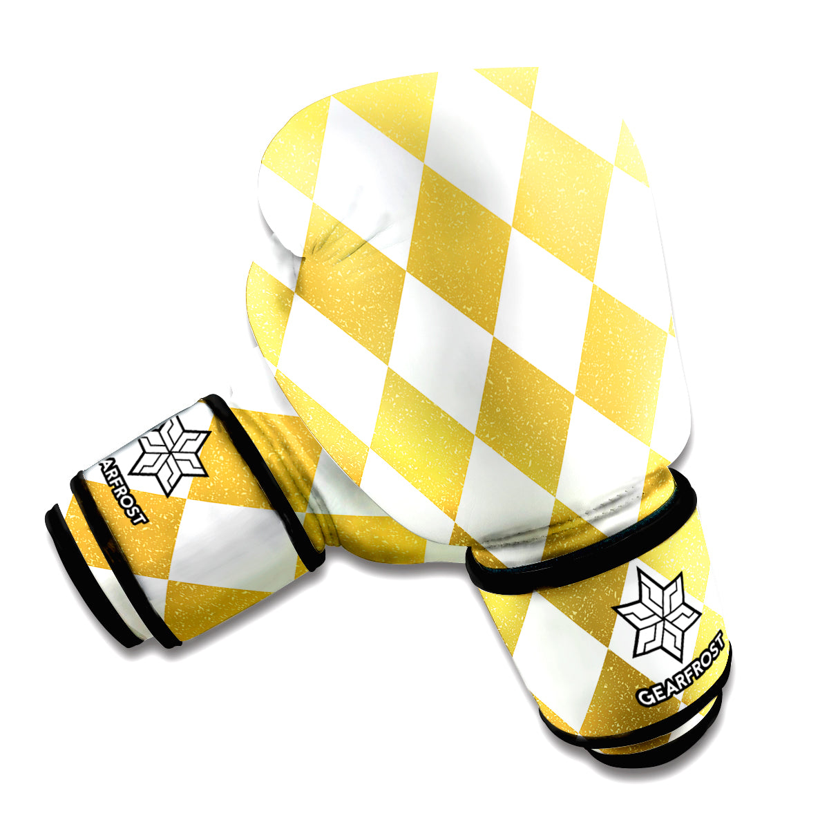 White And Gold Harlequin Pattern Print Boxing Gloves