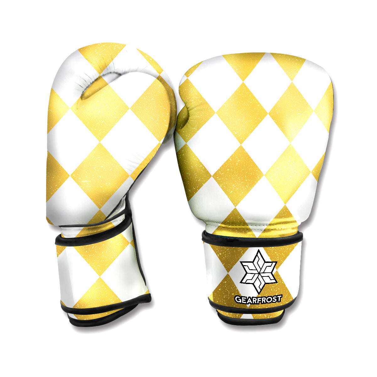 White And Gold Harlequin Pattern Print Boxing Gloves
