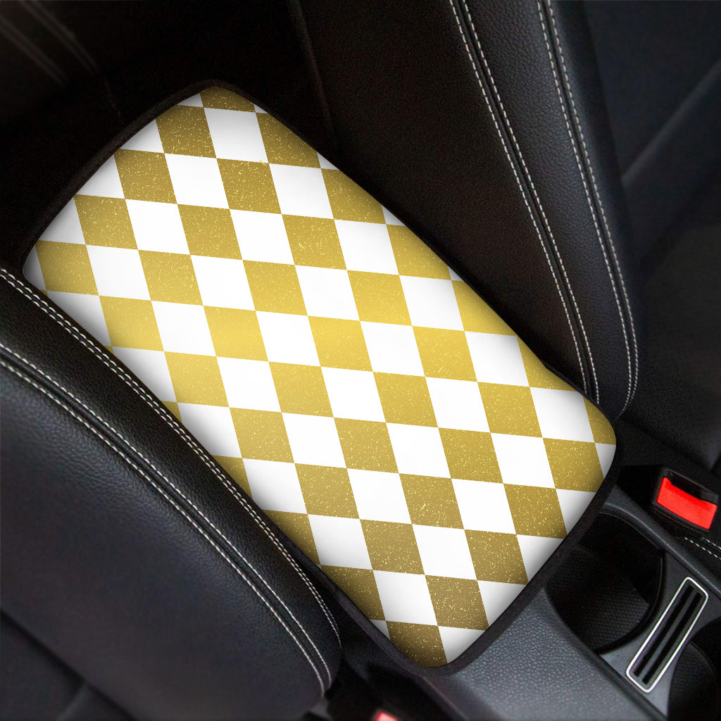 White And Gold Harlequin Pattern Print Car Center Console Cover
