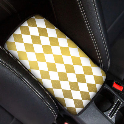White And Gold Harlequin Pattern Print Car Center Console Cover