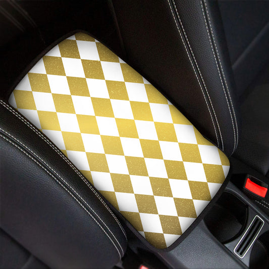 White And Gold Harlequin Pattern Print Car Center Console Cover