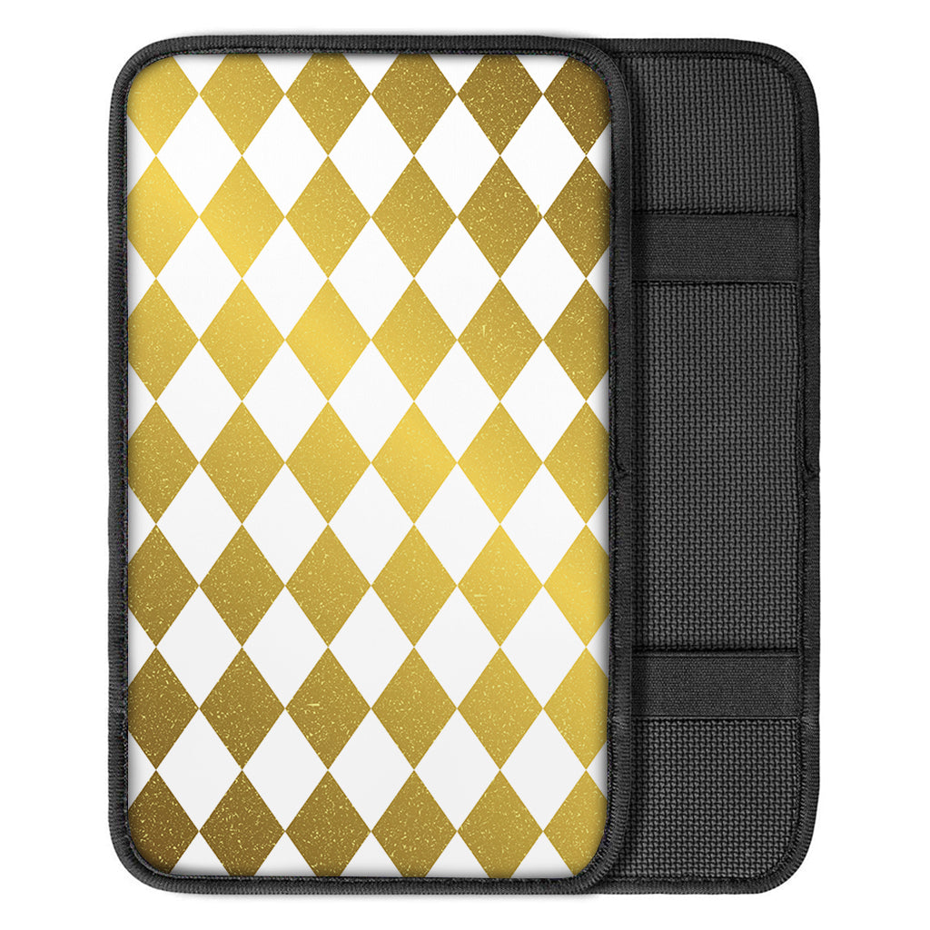 White And Gold Harlequin Pattern Print Car Center Console Cover