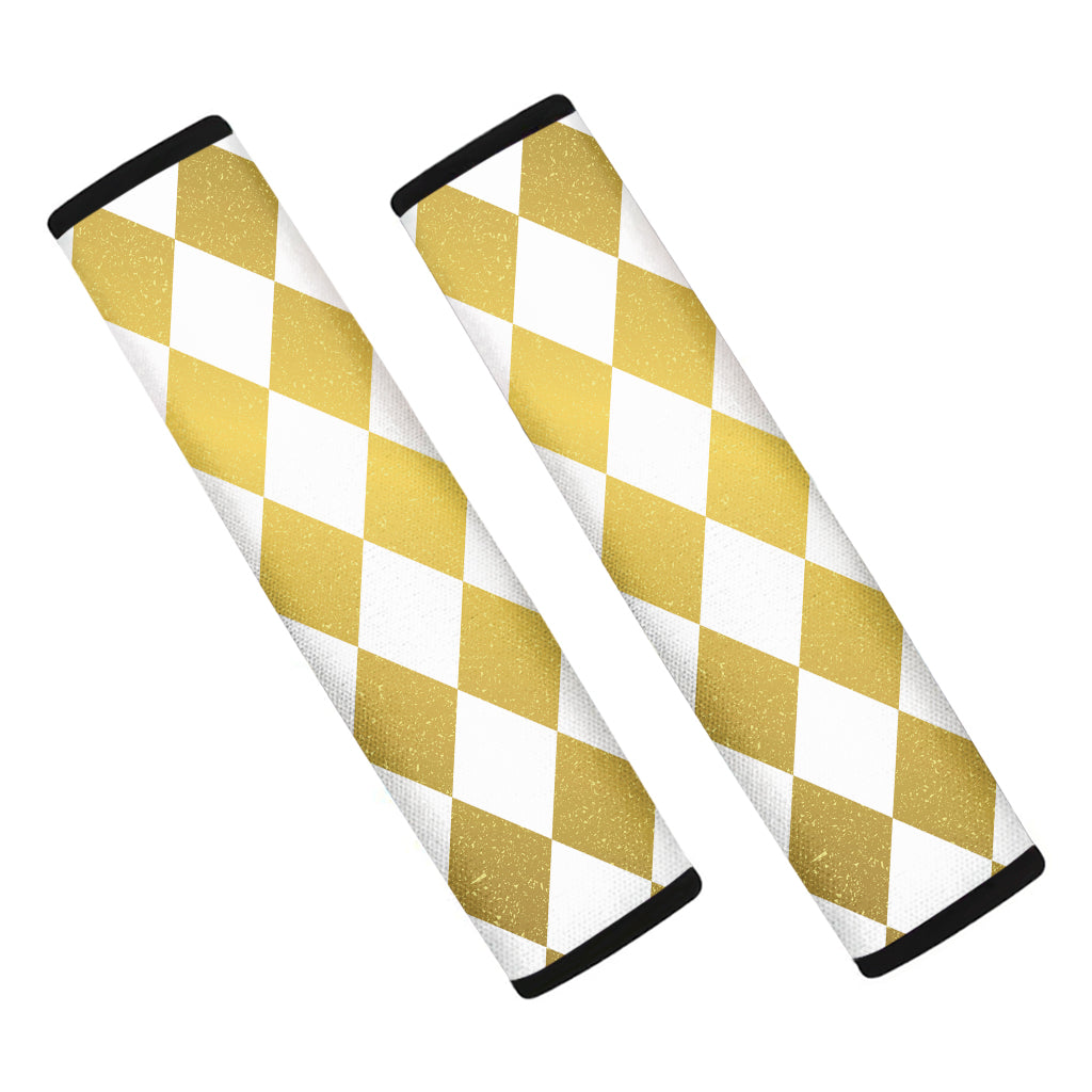 White And Gold Harlequin Pattern Print Car Seat Belt Covers