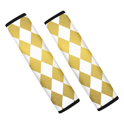 White And Gold Harlequin Pattern Print Car Seat Belt Covers