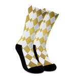 White And Gold Harlequin Pattern Print Crew Socks