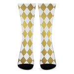 White And Gold Harlequin Pattern Print Crew Socks