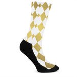 White And Gold Harlequin Pattern Print Crew Socks
