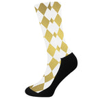 White And Gold Harlequin Pattern Print Crew Socks