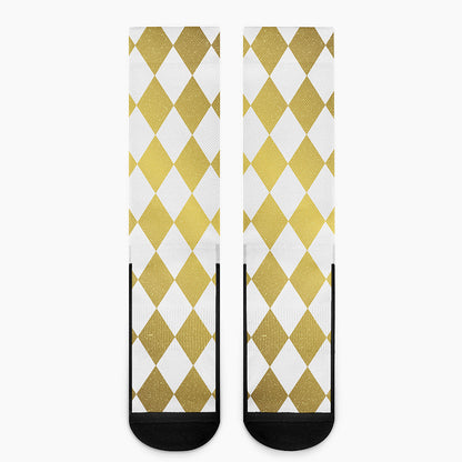 White And Gold Harlequin Pattern Print Crew Socks