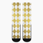 White And Gold Harlequin Pattern Print Crew Socks