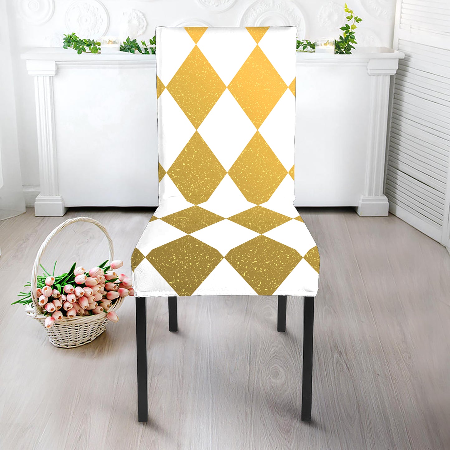 White And Gold Harlequin Pattern Print Dining Chair Slipcover