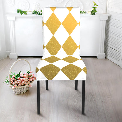 White And Gold Harlequin Pattern Print Dining Chair Slipcover