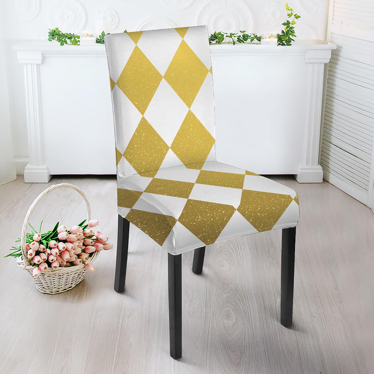 White And Gold Harlequin Pattern Print Dining Chair Slipcover