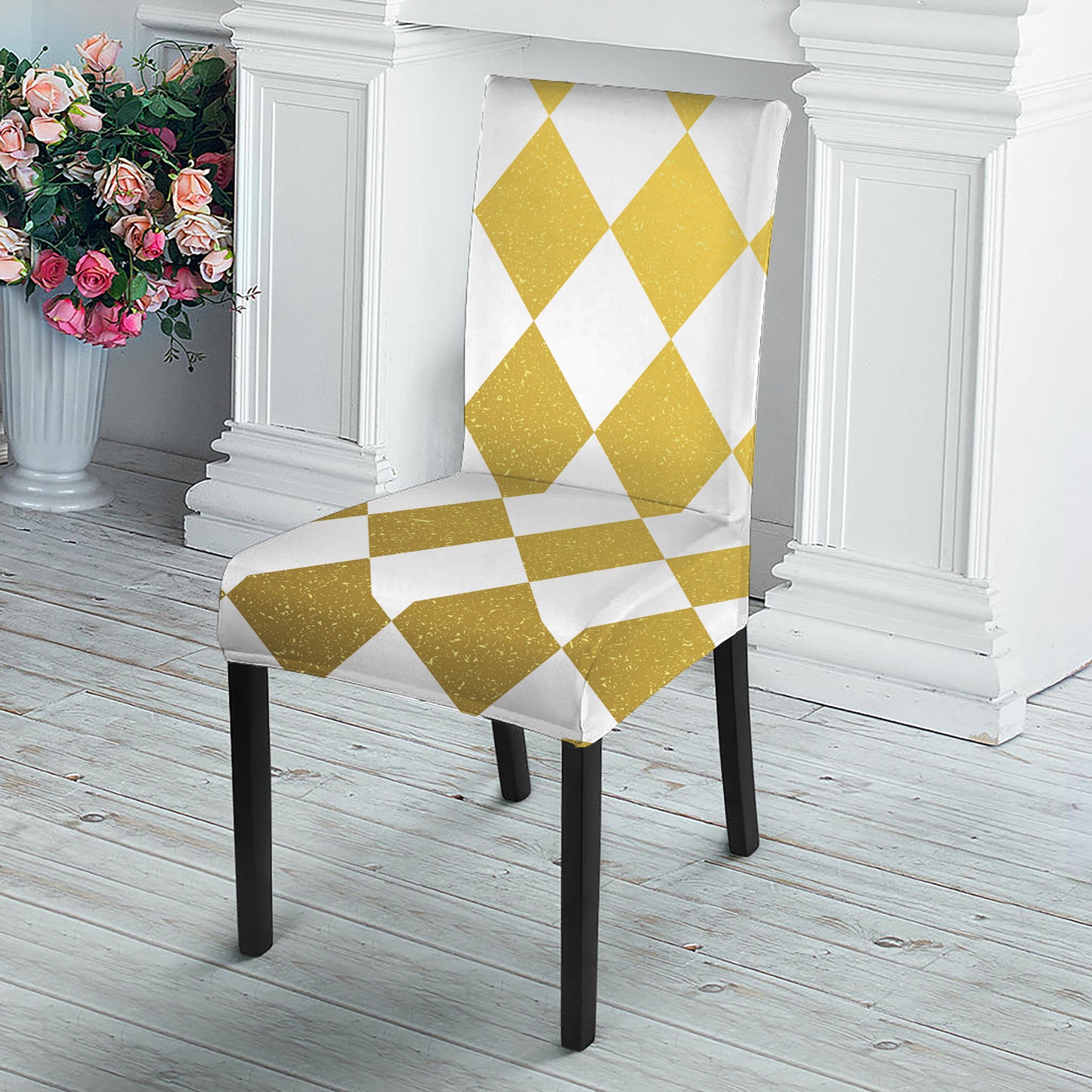 White And Gold Harlequin Pattern Print Dining Chair Slipcover