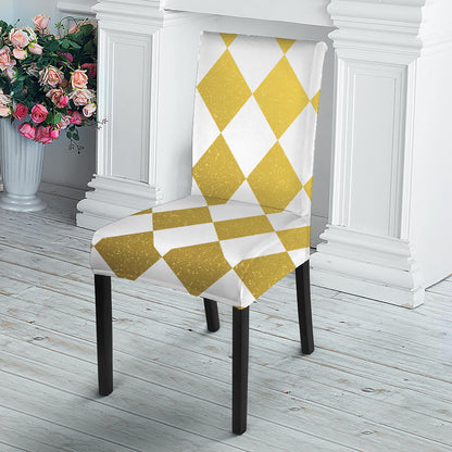 White And Gold Harlequin Pattern Print Dining Chair Slipcover