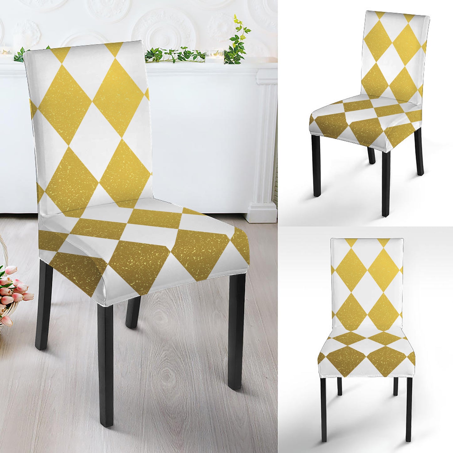 White And Gold Harlequin Pattern Print Dining Chair Slipcover