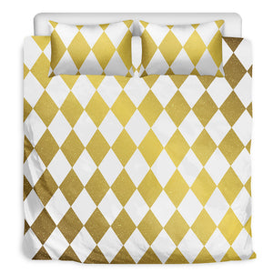 White And Gold Harlequin Pattern Print Duvet Cover Bedding Set