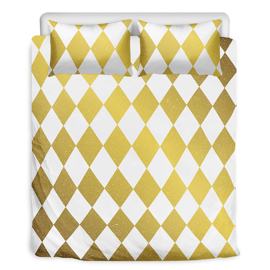 White And Gold Harlequin Pattern Print Duvet Cover Bedding Set