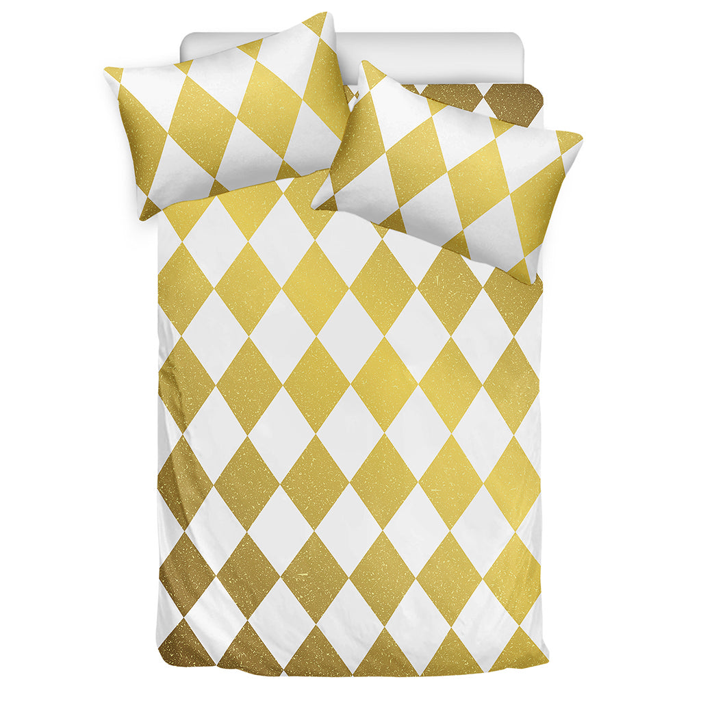 White And Gold Harlequin Pattern Print Duvet Cover Bedding Set