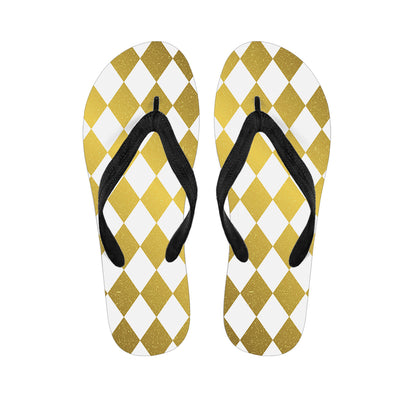 White And Gold Harlequin Pattern Print Flip Flops
