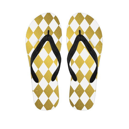 White And Gold Harlequin Pattern Print Flip Flops
