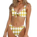 White And Gold Harlequin Pattern Print Front Bow Tie Bikini
