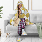 White And Gold Harlequin Pattern Print Hooded Blanket