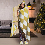 White And Gold Harlequin Pattern Print Hooded Blanket