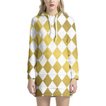 White And Gold Harlequin Pattern Print Pullover Hoodie Dress