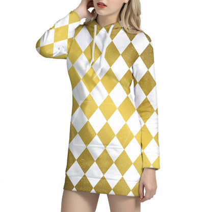 White And Gold Harlequin Pattern Print Pullover Hoodie Dress